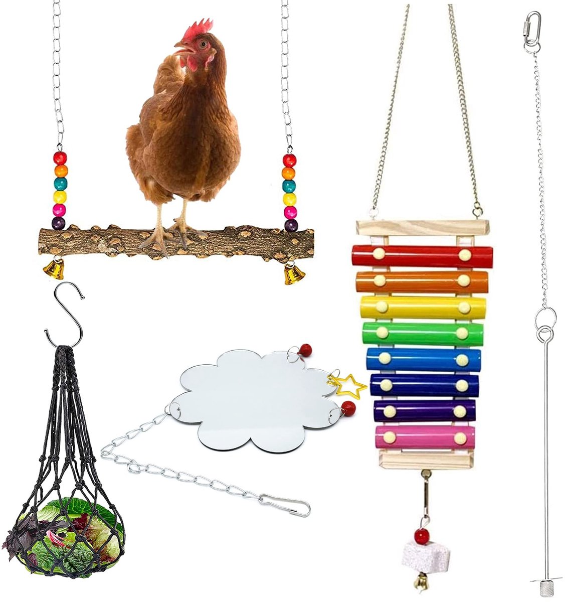 Omgoods - 4PCS Kleurige Kippen Speelgoed Set - Schommel, Groentenhouder en Spiegel met Bel