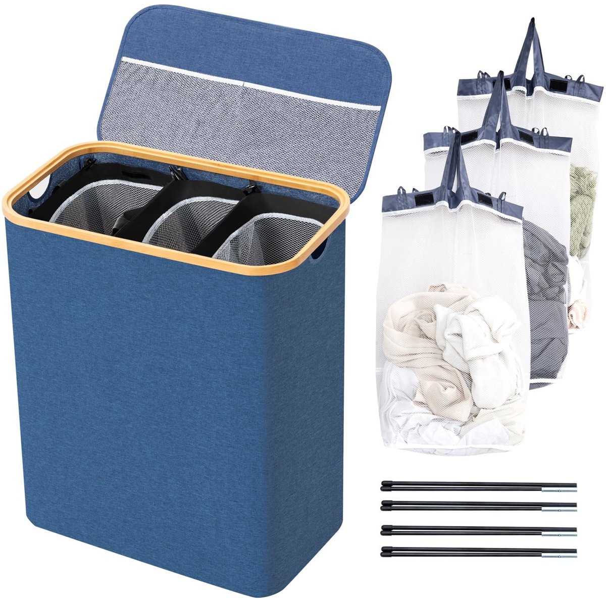 Omgoods - Grote Wasmand met Deksel en 3 Compartimenten - 145 Liters