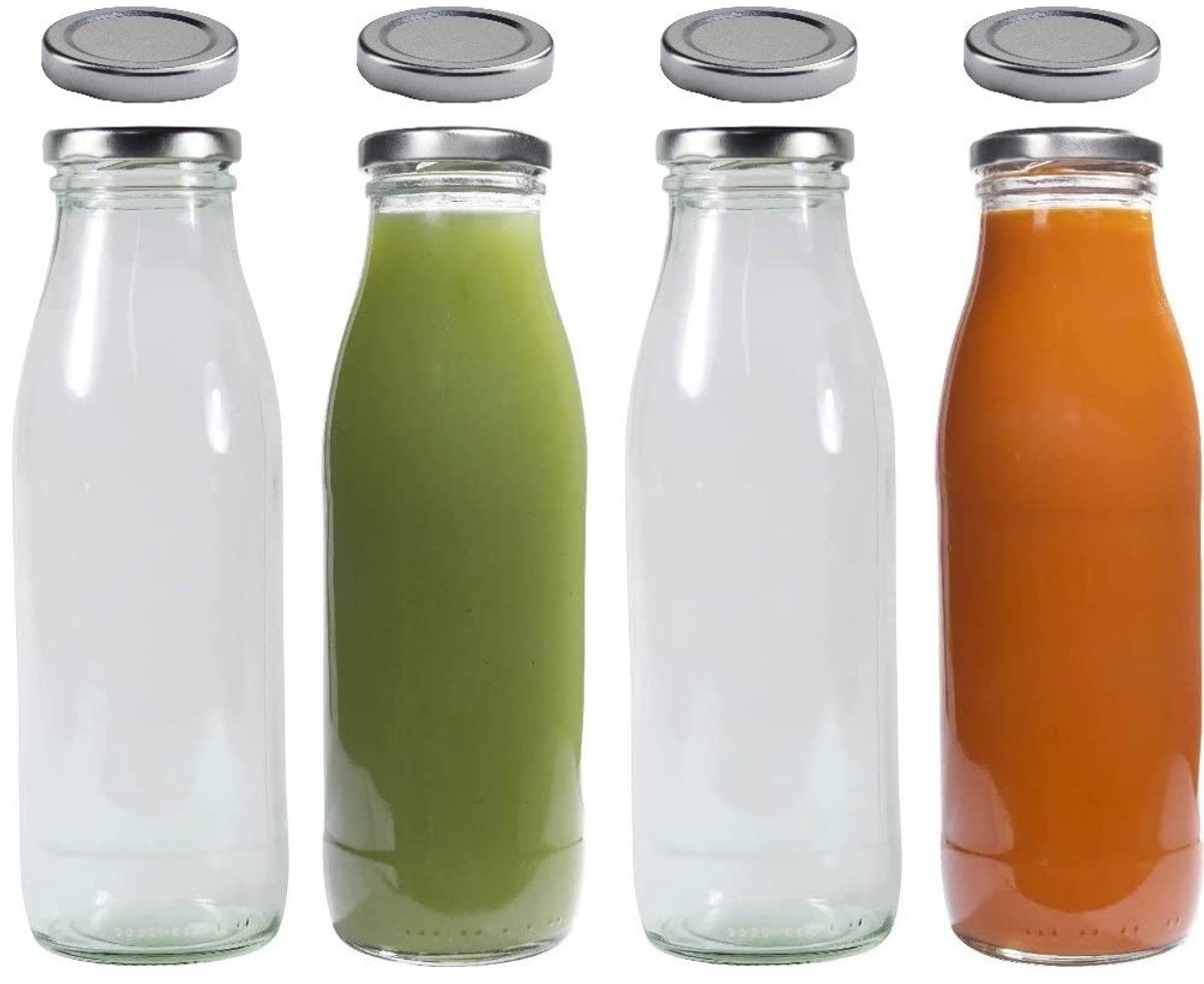 Omgoods - Set van 4 Glazen Flessen 500 ml met 8 Deksel en Labels
