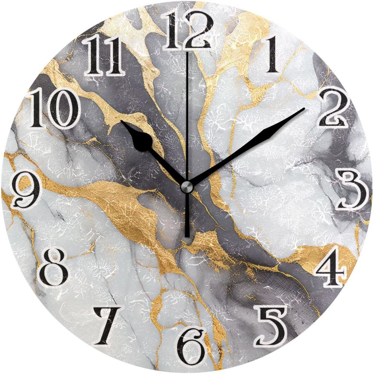 Omgoods - Grijze Marmeren Klok met Gouden Accenten - Stille Ronde Wandklok 25 cm