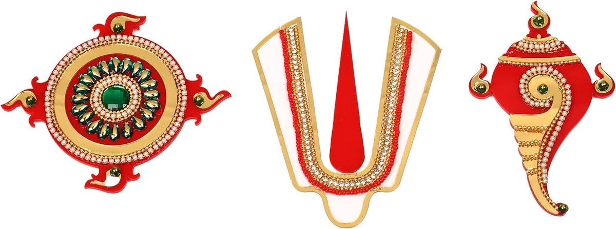 Labh Ganesh ji Shankh Chakra Namah of Lord Vishnu Tirupati Balaji Tilak Acrylic Rangoli Stickers Wall Handcrafted Indian Traditional Festival Pooja Main Door Mandir Home Decor (Size:-4")(Red)