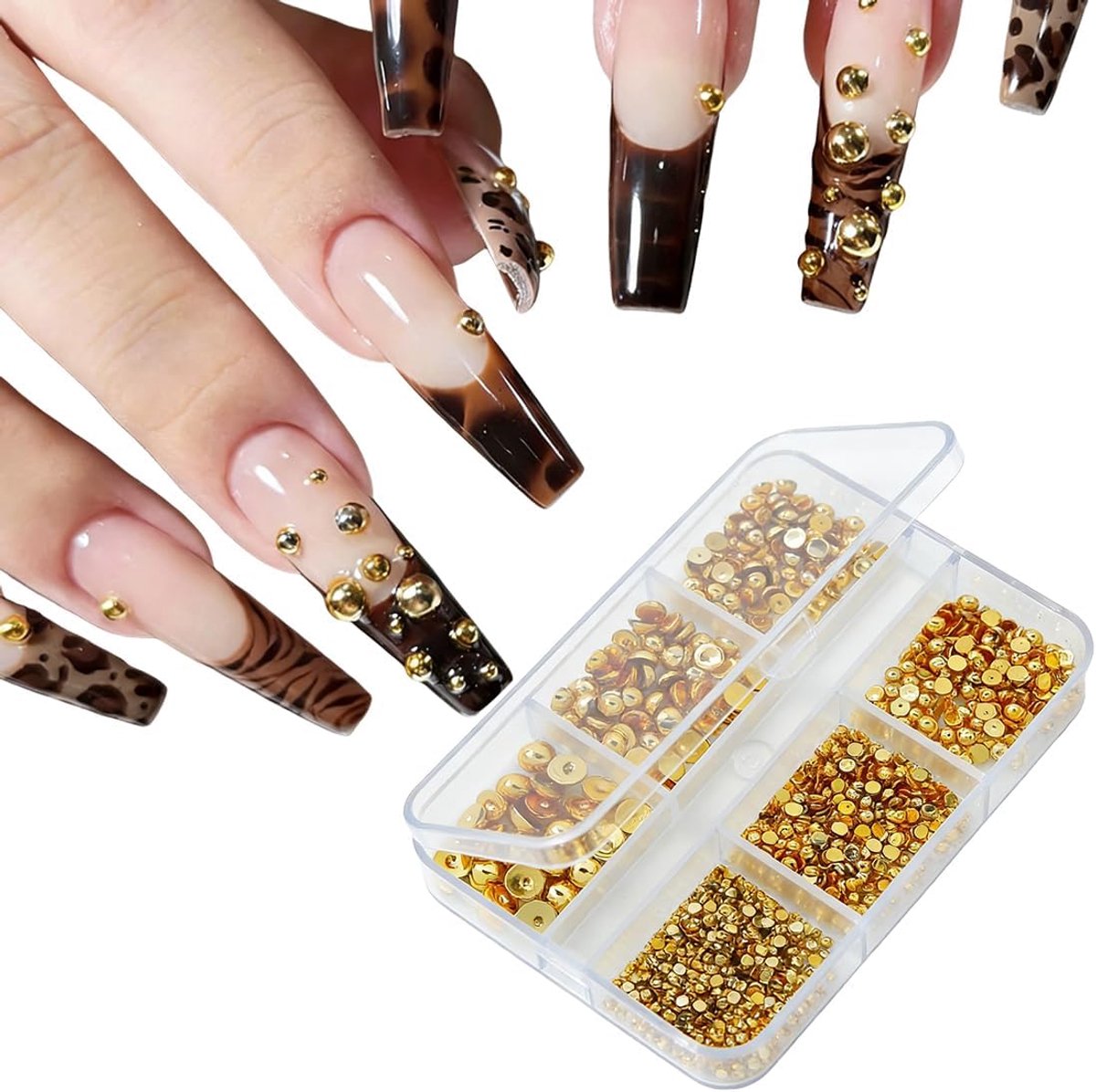 1 doos gouden halve kralen voor nagels, nagelbedels, gouden kralen, bedels, 3D platte achterkant, sierstenen, gouden kralen voor nageldesign