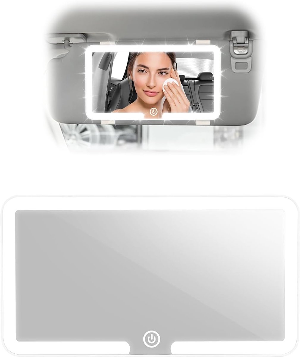 Auto-achteruitkijkspiegel, cosmeticaspiegel met led, oplaadbare krasbestendige spiegel, zonneklep, 3 lichtmodi, eenvoudige installatie, voor SUV, CRV-trucks, wit