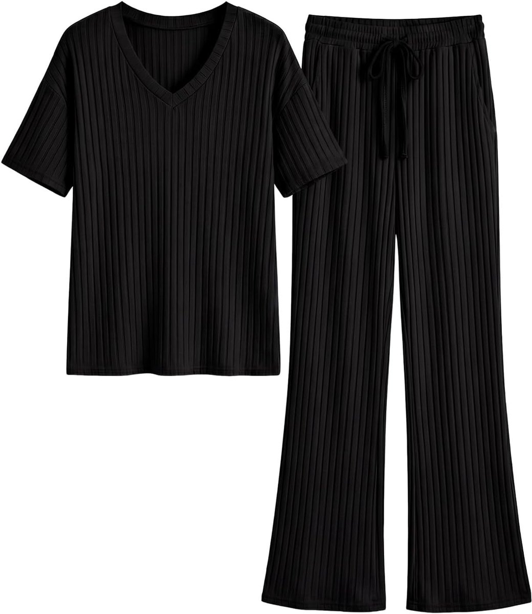 Dames trainingspakken 2-delige loungewear outfits sets zachte geribbelde V-hals korte mouwen tops en wijde pijpen broek elastische taille broek met zakken casual pyjama loungewear set