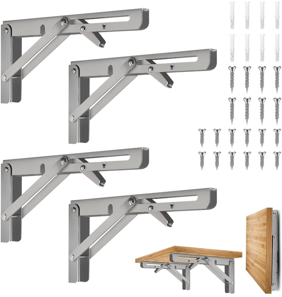Omgoods - Set van 4 Inklapbare Plankhouders van Roestvrij Staal voor Wandmontage