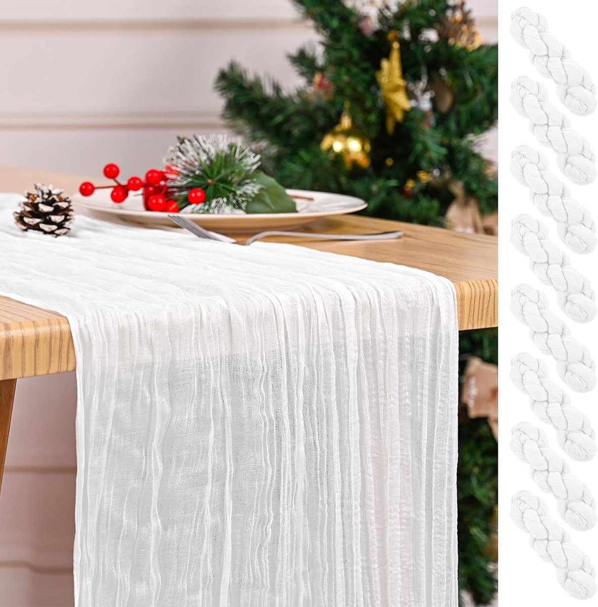 Set van 8 witte tafelloper 43 x 274 cm kaasdoek, tafellopers in boho-gaas voor eettafel, rustieke pure stof, tafellopers voor bruiloft, feest, bruidsdouche, lente