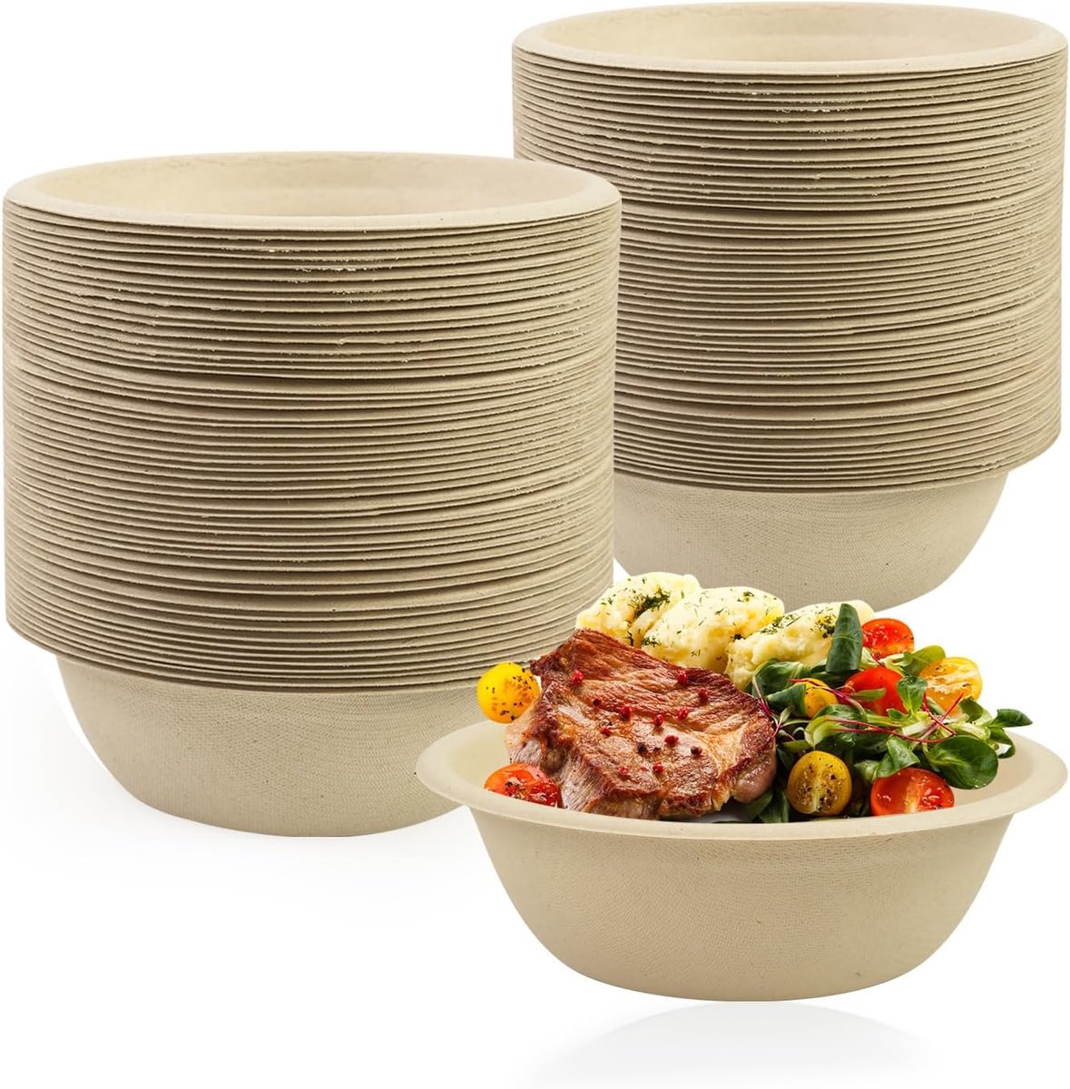 100 stuks wegwerpschalen van papier, bagasse, soepkommen, wegwerpservies voor feestjes (natuurlijk, 350 ml)