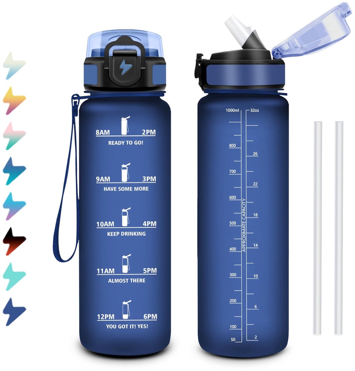Omgoods - 1 L Waterfles met Tijdsaanduiding en Rietje voor Motivatie