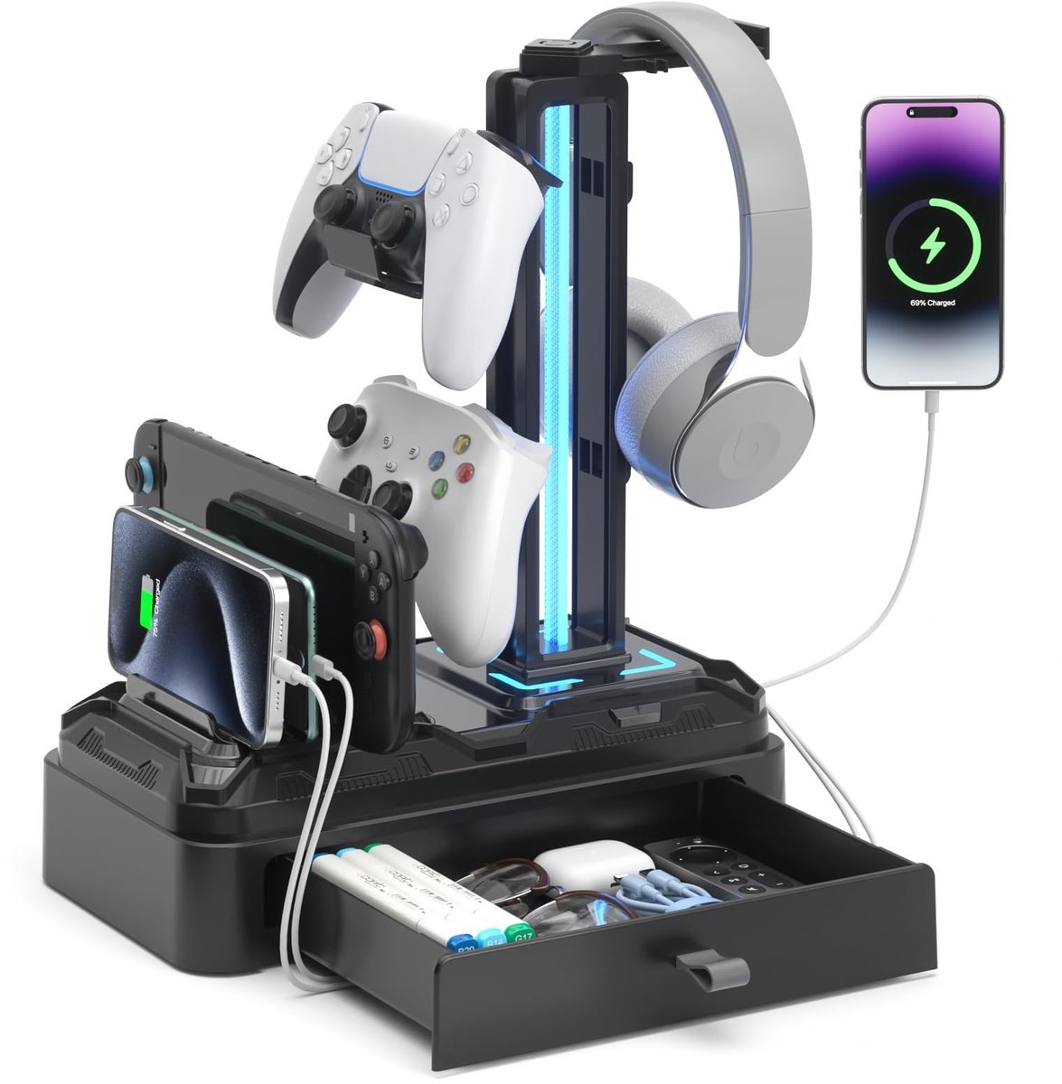 Omgoods- Hoofdtelefoonstandaard met LED - Afneembare Controllerhouder - USB A Type-C Oplader - 360 Graden Rotatie - Headsethouder voor Tafel - Apparaatgleuf voor Mobiel/Tablet - Headsetstandaard