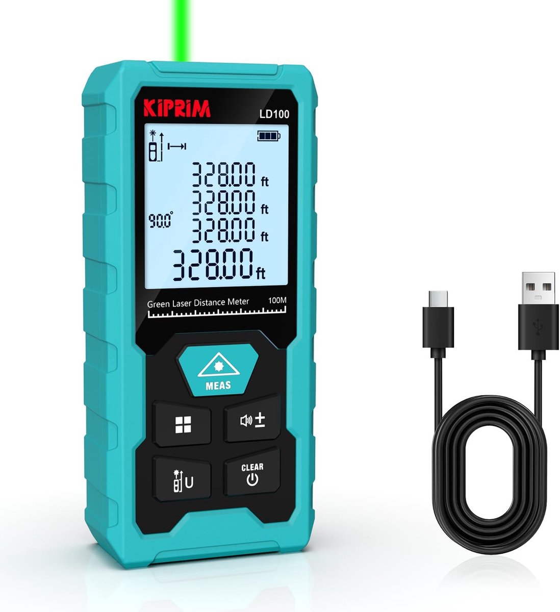SnelShoppen - Kiprim Laserafstandsmeter Groen 100 m Digitaal Meetapparaat met USB Type C Batterij, Nauwkeurigheid ±2 mm, Elektronische Waterpas, 10 Me