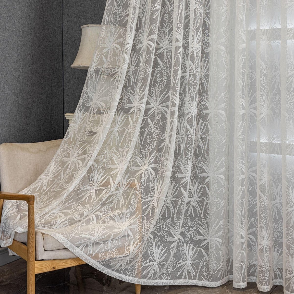 Omgoods - Jacquard Net Gordijn met Esdoornbladeren - 120 x 300 cm, Wit