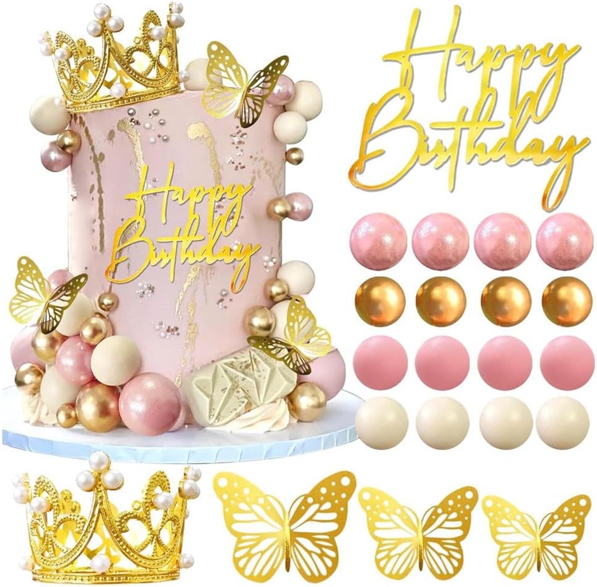 39 stuks taartopzetstukken, set, kroon, vlinders, ballonnen, taarttopper, decoratie, accessoires voor verjaardag, feest, bruiloft (goud)
