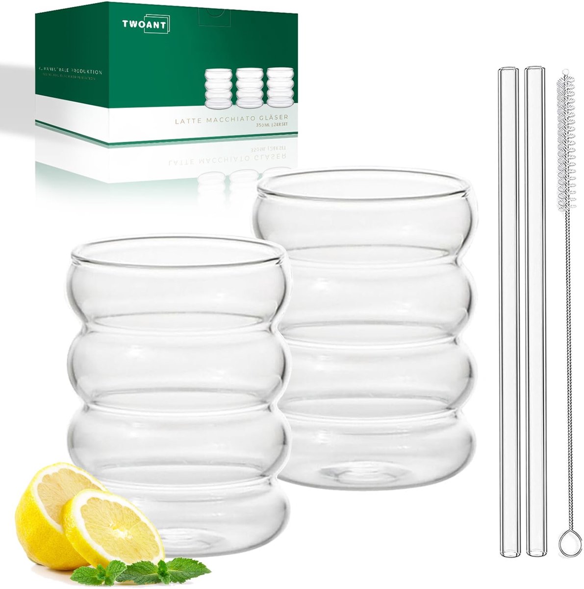 Omgoods - Set van 2 Ribbelglazen met Rietjes - Ijskoffie en Cocktails
