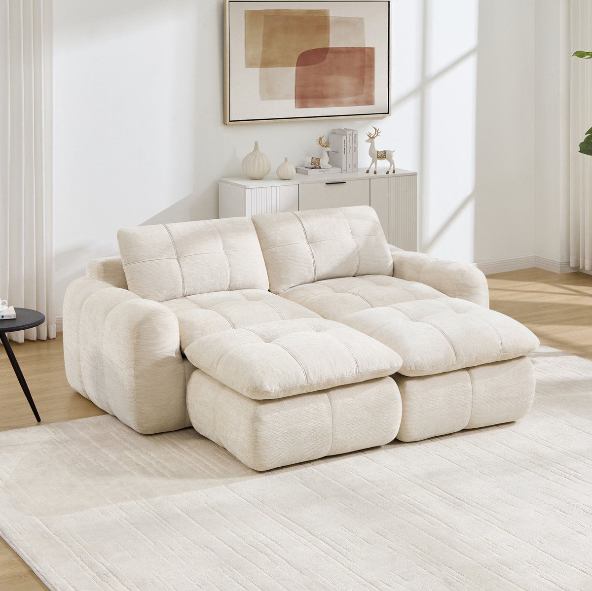 MEUNIQ 2-zits modulaire bank van chenille, frameloos wolkenmodel met 2 ottomanen, breed en diep zitcomfort, voor woonkamer, beige