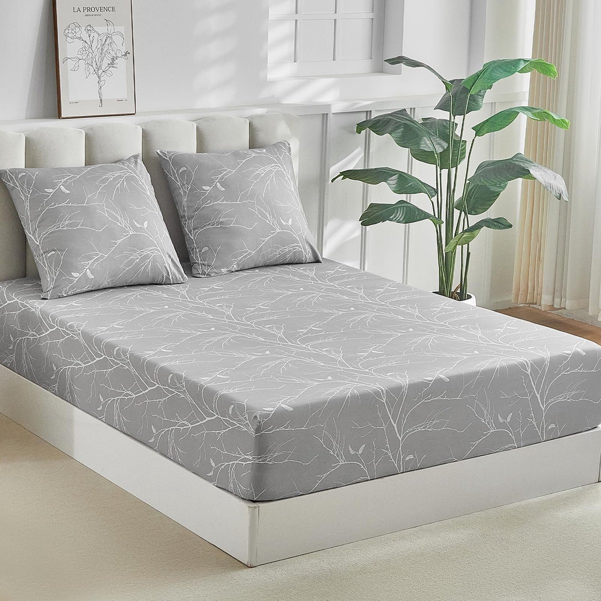 Omgoods - Hoeslaken 180 x 200 cm met 2 Kussenslopen in Grijs/Wit