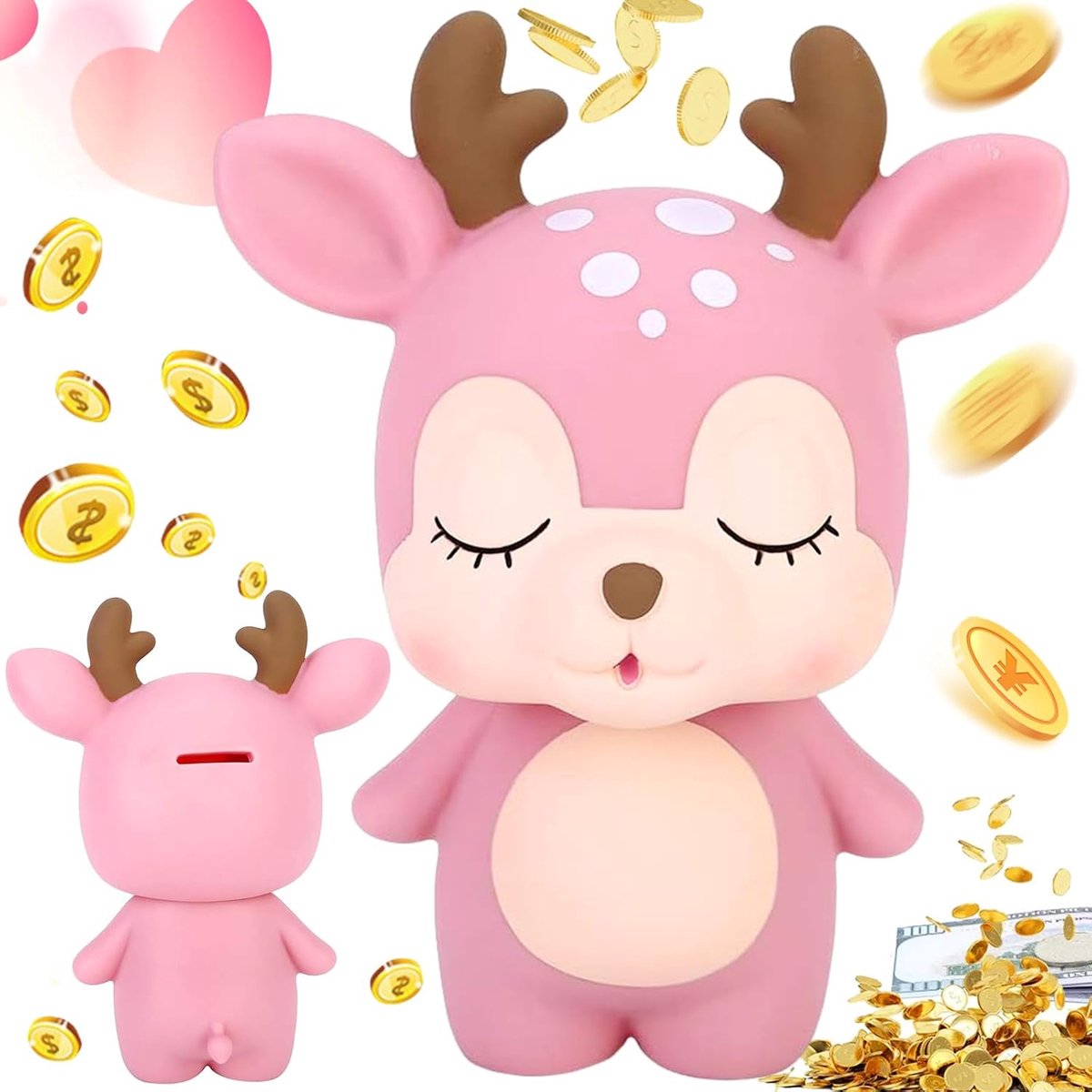 Hert en spaarvarken munten, roze spaarvarken hert, voor slaapkamer, woonkamer, tafel, boekenkast, decoratie (roze)