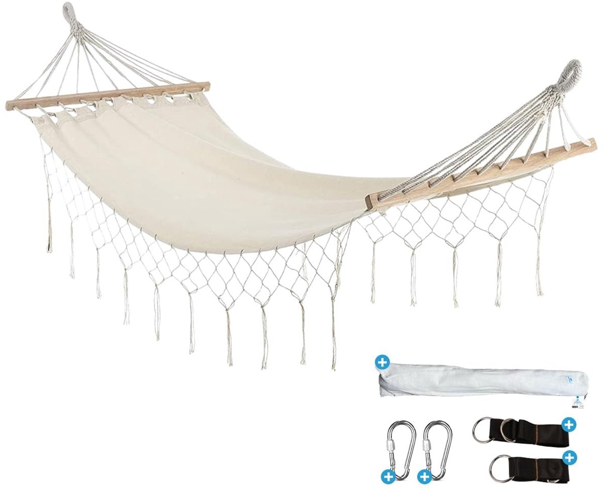 Omgoods- Hangmat Luxe - Lichtgewicht Katoen - Inclusief Ophangmateriaal - Draagtas - 100 x 200 cm - Hangmat met Spreidstok - Hangmatje