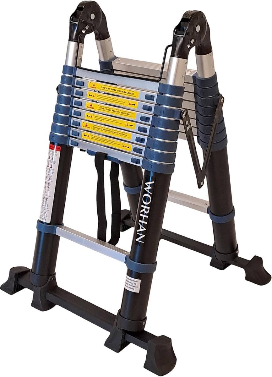 Telescopische ladder 5.6 m - multifunctioneel aluminium - dubbele stabilisatoren - ideaal voor klussen - ShopVlot