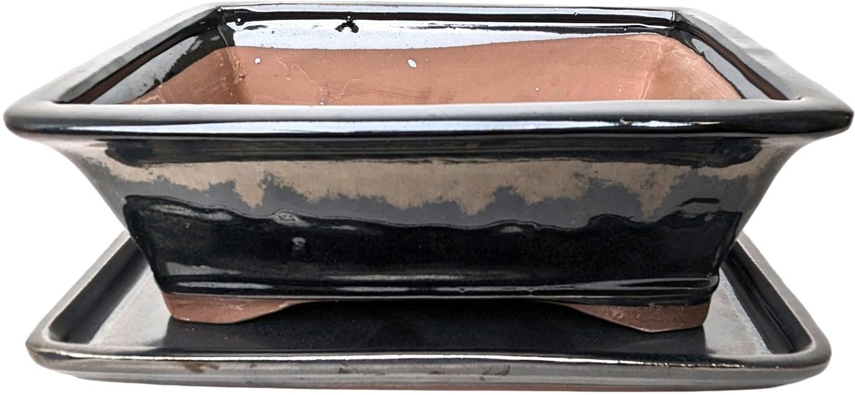 Omgoods - Glazuur Bonsai Pot met Bijpassende Schotel - Grijs, 26 cm