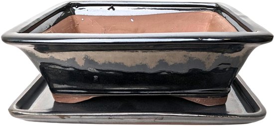 Omgoods - Glazuur Bonsai Pot met Bijpassende Schotel - Grijs, 26 cm
