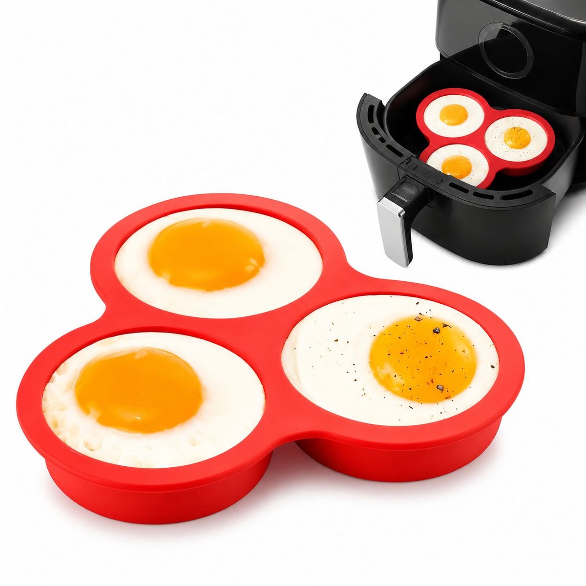 VHV - Airfryer siliconenvorm met 3 vakken - Eierbakvorm voor eieren, muffins en kleine taartjes - Hittebestendig - Rood