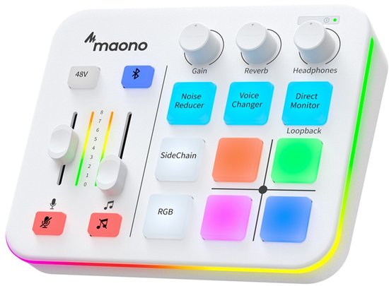 Witte Maono audio-interface met schuifregelaars, knoppen, schuifregelaars en verlichte rand.