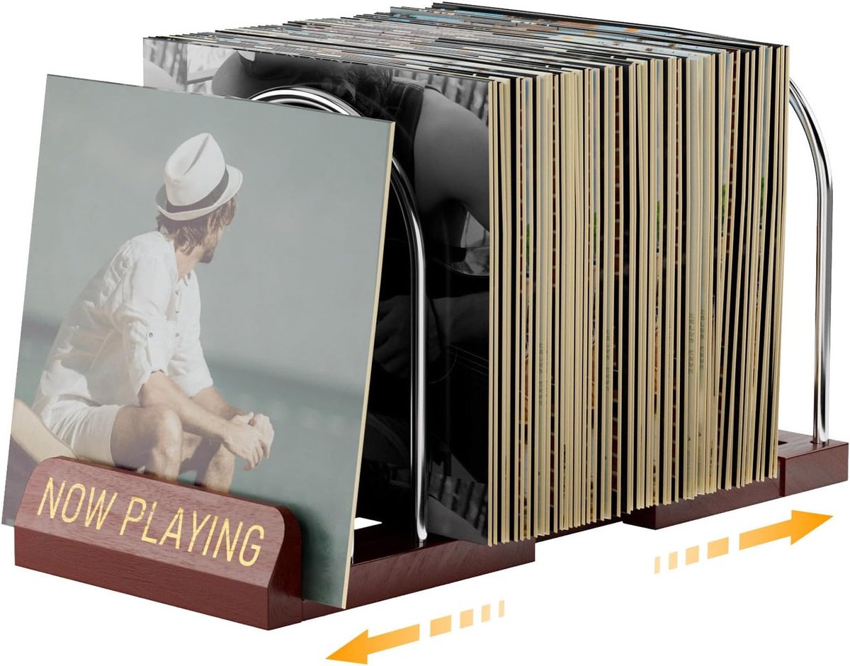 LP platenhouder uitbreidbaar vinyl opbergrek houten display voor 30-70 LP's met Now Playing standaard