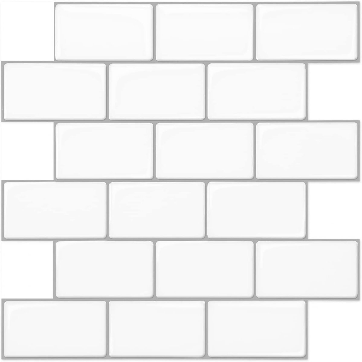 10 Stuk Vinyl Peel And Stick Tiles Premium Zelfklevende 3D Tegels Metro Keuken Badkamer Backsplash Glanzend Wit Met Grijze Grout 30 x 30cm
