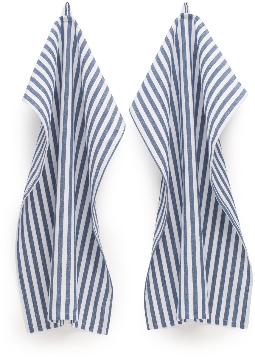 Omgoods - Keukenhanddoeken Set van 4 Donkerblauw/Wit Gestreept - 45 x 70 cm