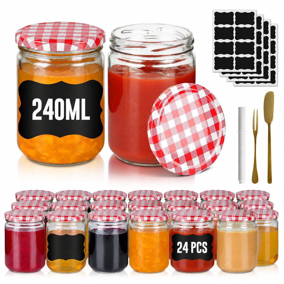 Mini Weckpotten Set 24 stuks 240 ml - Rond Transparant Glas met Metalen Deksel - Luchtdichte Mason Jar voor Honing, Kruiden en Marmelade - Rood & Wit Geruit - NAIZY