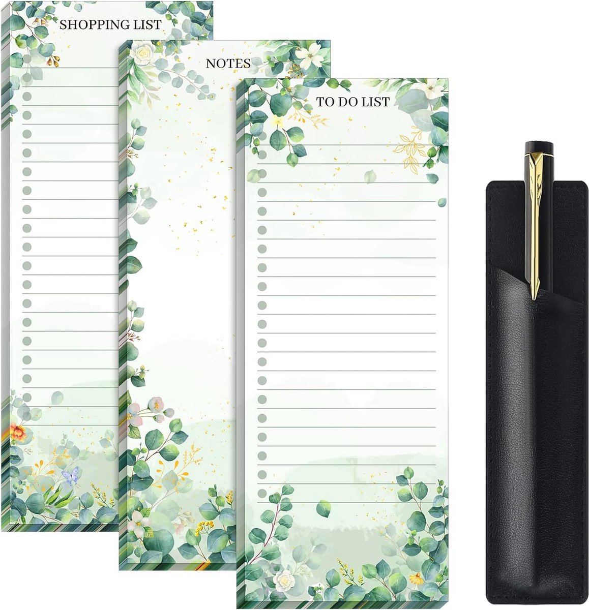 Notitieblok – Magnetisch Boodschappenlijstblok - 3 Sets Met PU Leren Pennenhouder - Koelkast Memobloc - 7,6 x 20 cm - Eucalyptusblad Ontwerp - Keukenorganizer - Gelijnd Papier - Pen niet inbegrepen