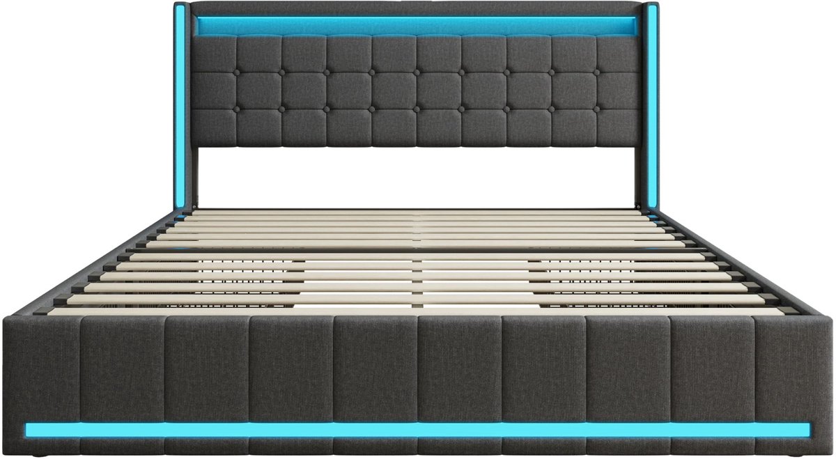 Happiq Gestoffeerd Tweepersoonsbed 160x200 cm Donkergrijs - met LED Verlichting, Opbergruimte, Hoofdbord, Oplaadstation
