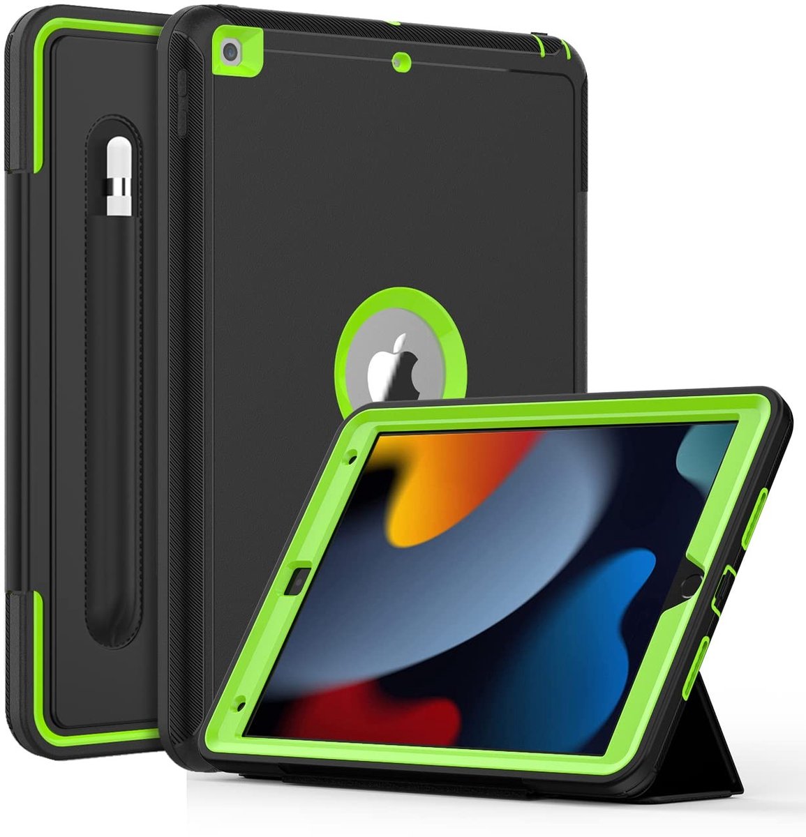 Omgoods - Schokbestendige Case voor iPad 9/8/7 10.2 Inch 2021/2020/2019 - Met Pencilhouder en Automatische Slaapfunctie - Zwart/Groen