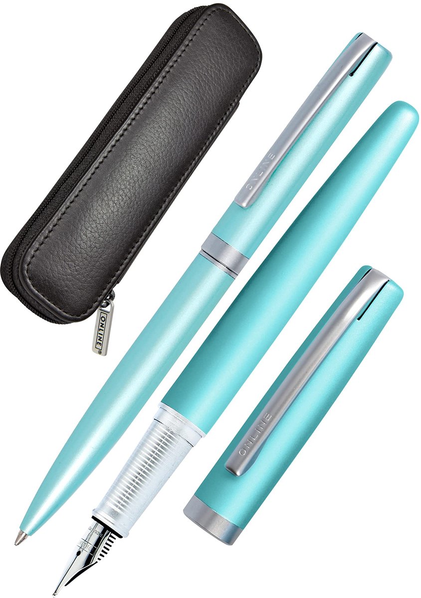 Omgoods - Online Eleganza Schrijfgereedschap Set - Vulpen, Balpen en Echt Leren Etui - 3-delig - Satin Turquoise