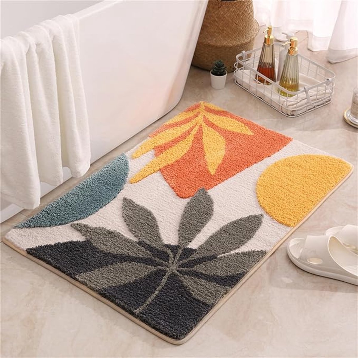 Kleurrijke Boho Badmat met Plantenprint - Wasbaar - Antislip - Absorberend - Zachte Microvezel - 40x60 cm