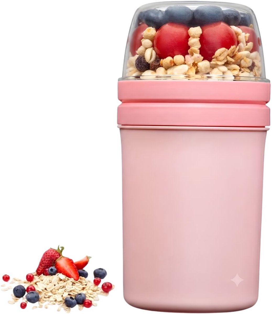 JCP® Yoghurt Beker To Go - Yoghurt Beker To Go met Lepel - Yoghurt en Muesli Beker To Go - Roze - 10cm x 10cm x 19cm
