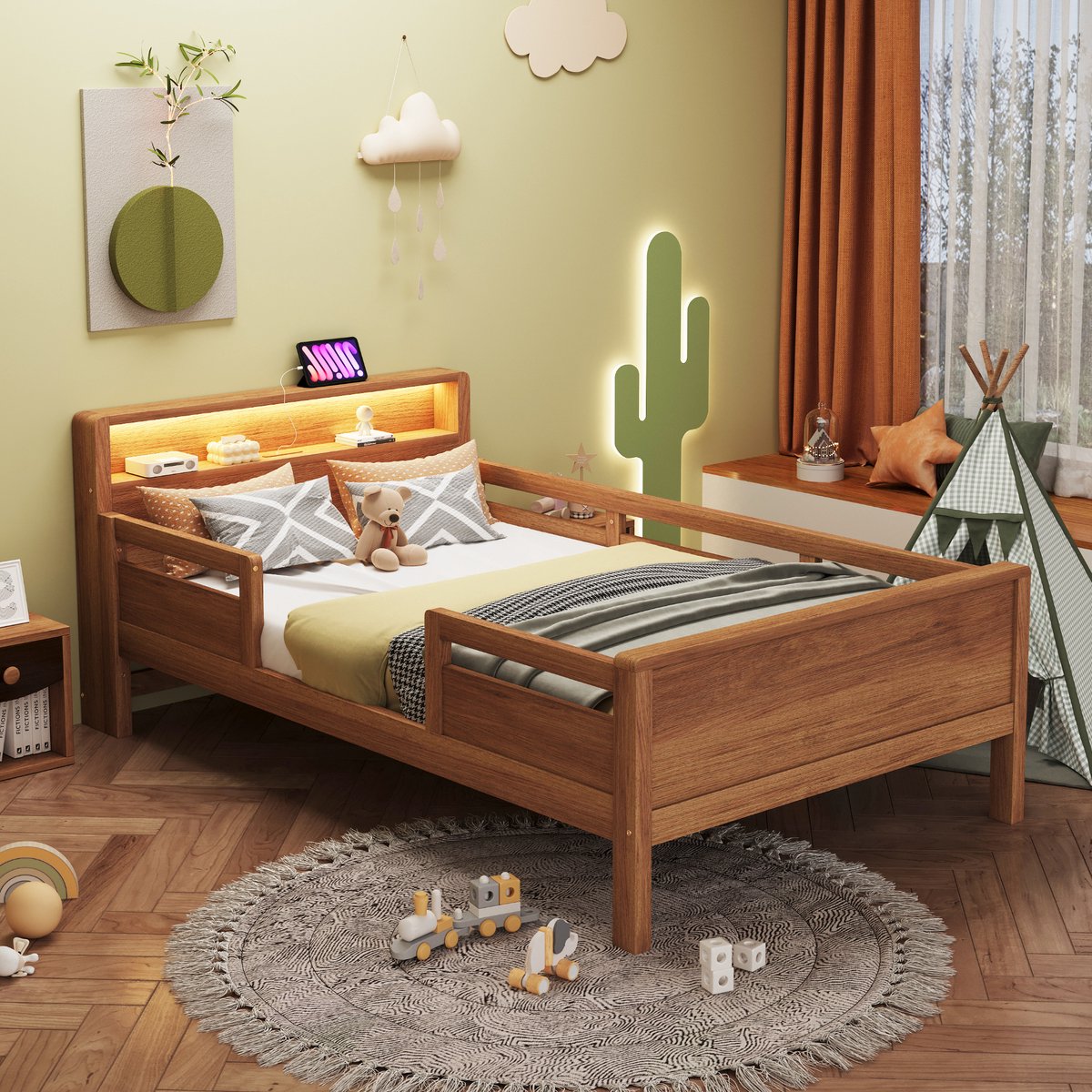 Kinderbed, Eenpersoonsbed, Houten Bed 90 X 200 cm, Gecombineerde USB- En Type-C-Aansluiting, Klein LED-Lampje, Hoofdbord Met Opbergruimte, Multifunctioneel Bed, Grenenhout-Natuurlijk