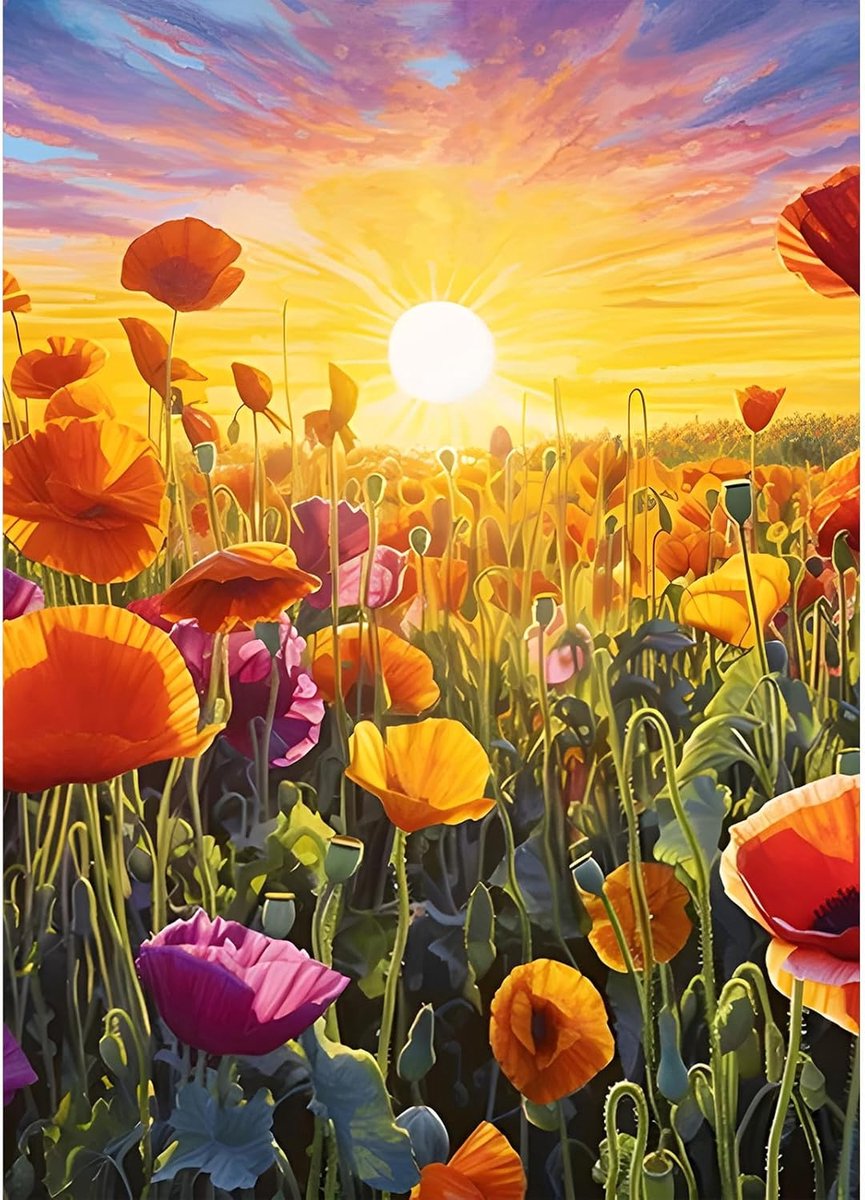 Poppy Bloemen Diamant Schilderij Kits voor Beginners Volwassenen, 5D DIY Zonsondergang Diamant Kunst Kits, Ronde Volledige Boorgaatjes Bloemen Edelsteen Kunstambachten Kits, DIY Schilderij met