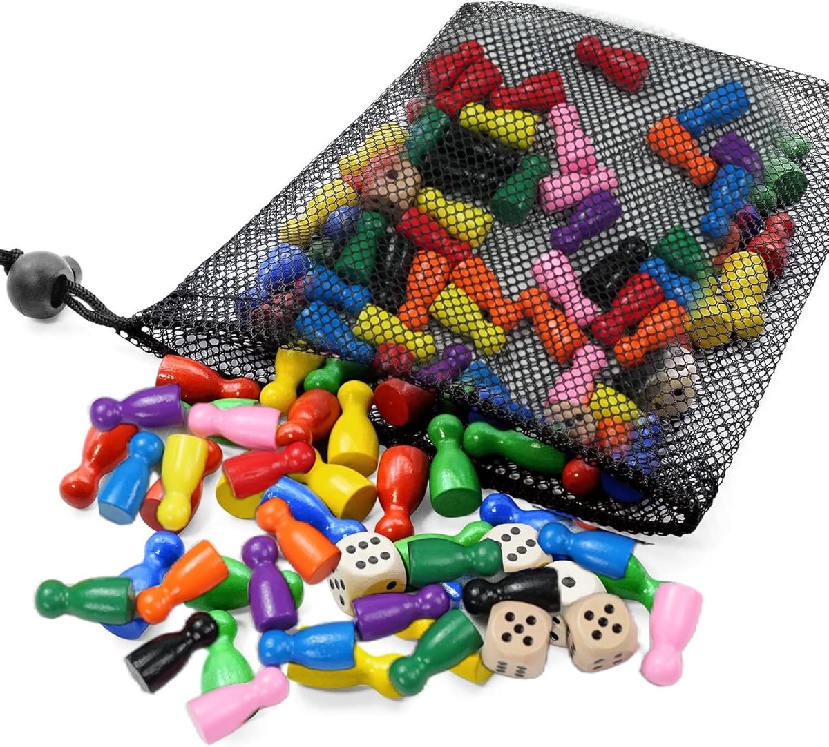 80 stuks parchis en 6 houten dobbelstenen, 25 x 12 mm, kleurrijke houten figuren met opbergtas, speelfiguren voor bordspellen, voor schaken stuurwiel dames