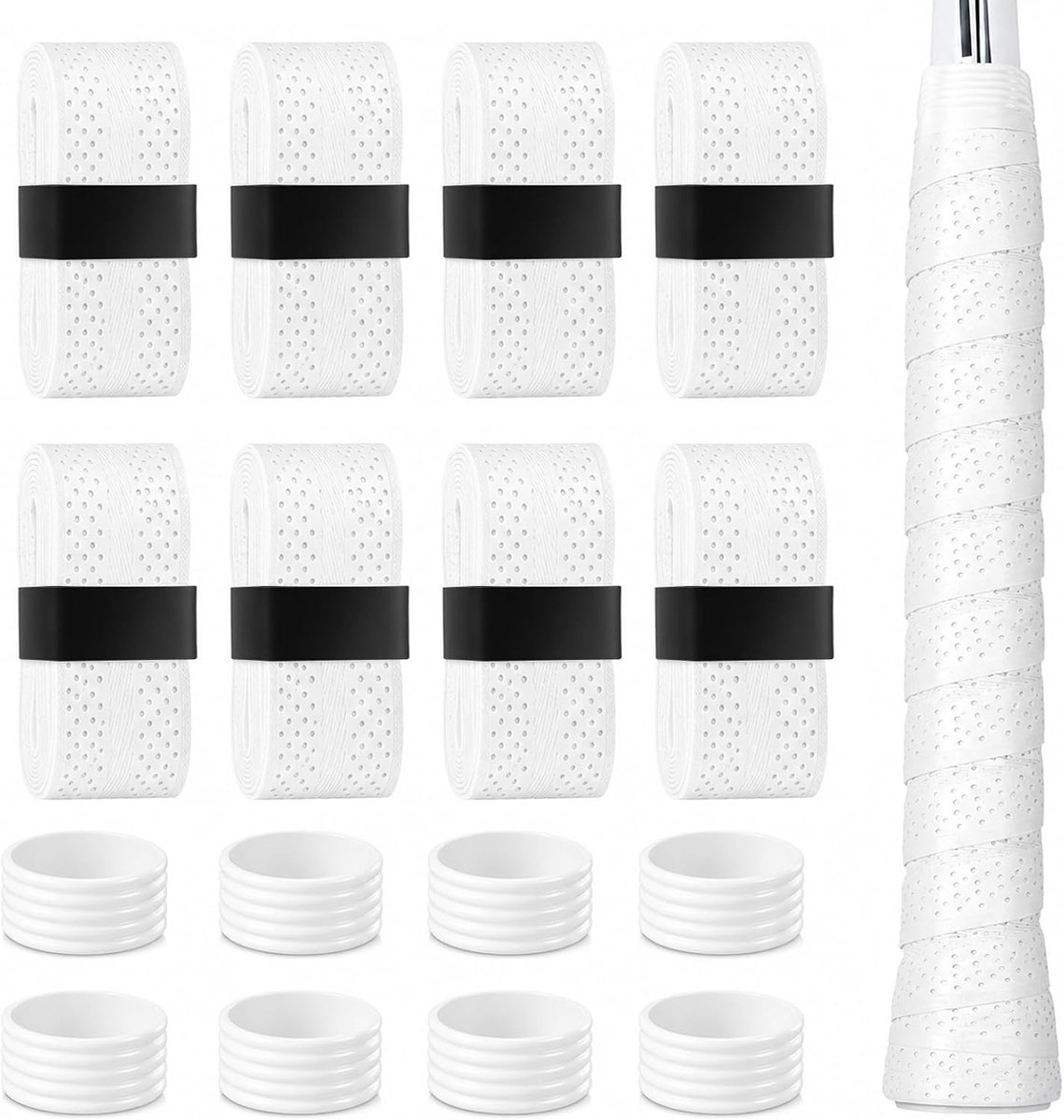 8 stuks gripbanden voor tennisrackets, badmintonrackets, gemaakt van PU-materiaal, 8 siliconen bevestigingsringen geleverd, gripband voor badmintonrackets, tennisrackets