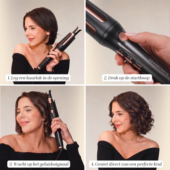 Vier stappen voor een perfecte krul met de Sansbeauté automatische krultang. Zwart met roségouden details.