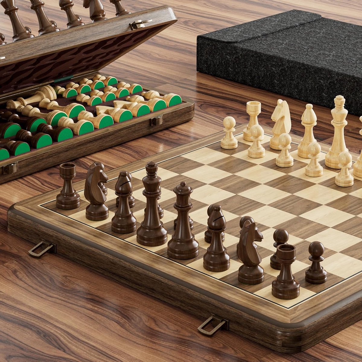 15 inch magnetische houten schaakset, rubberwood opvouwbaar schaakbord met bruine dubbelzijdige opbergbakken, 2 extra koninginnen en stofdichte tas, draagbaar reisbordspel (vintage)