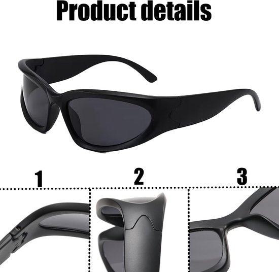 Retro bril, zonnebril, heren en dames, lichtgewicht wrap-around zonnebril, gepolariseerde sportbril, trendy retro fietsbril, rechthoekige rave, verpakking van 3 stuks — afbeelding 2