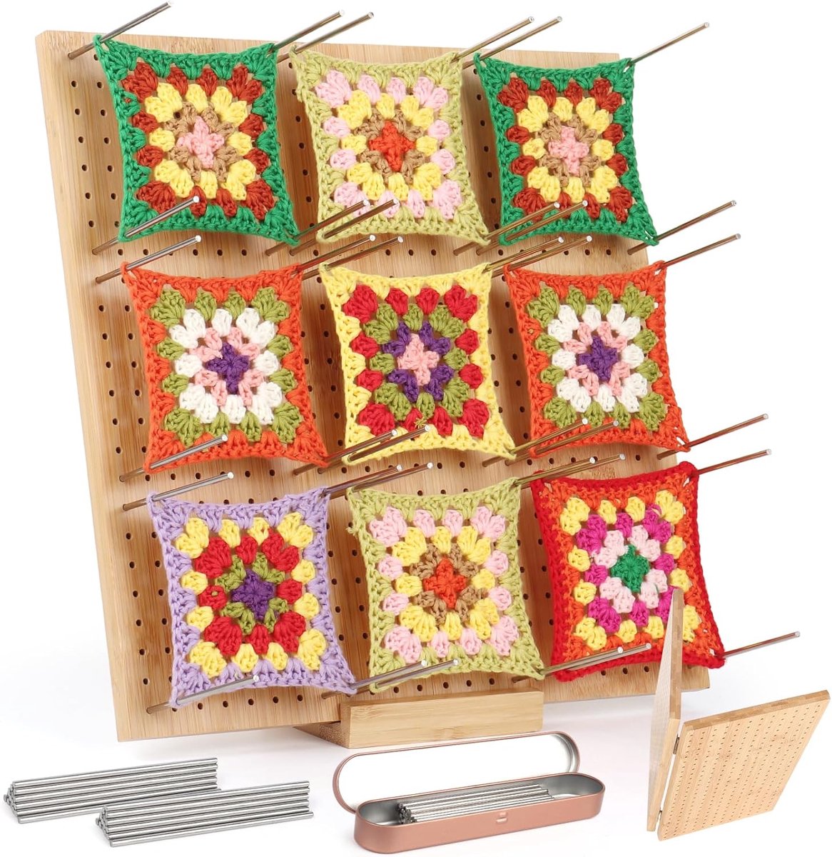 Granny Square Spanner groot, 33 x 33 cm, blokkeerbord, haken met 30 roestvrijstalen staafpennen, opvouwbare bamboe spanplank voor granny squares spannen, brei- en haakprojecten, blokkeerbord 33