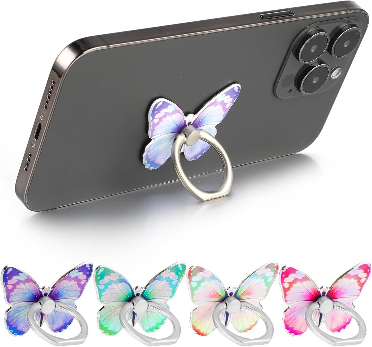 4 stuks vlinders mobiele telefoon ringhouder 360° rotatie mobiele telefoon vingerhouder esthetische mobiele telefoon ringhouder vinger leuke mobiele telefoon ring voor de meeste smartphones (4