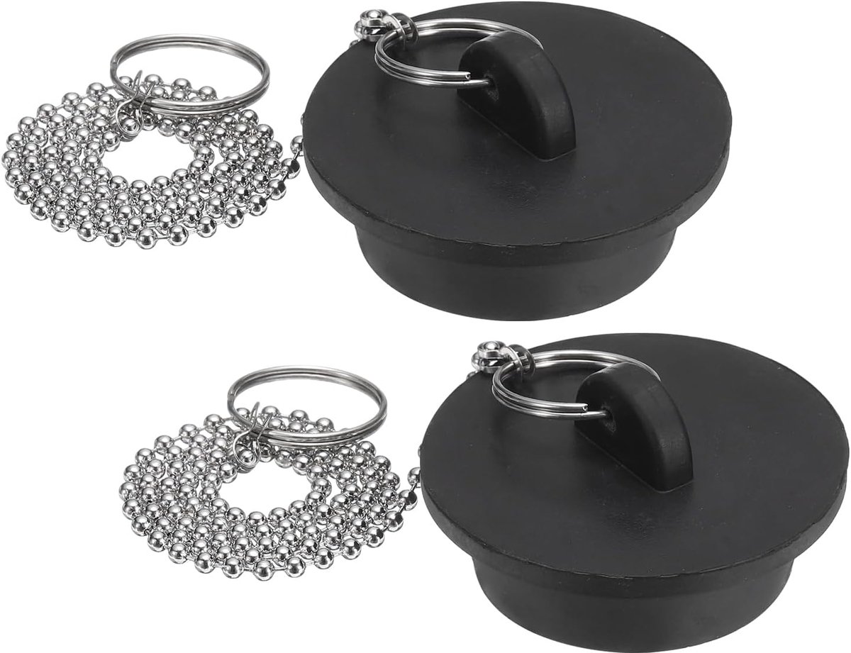 2 stuks badstoppers, rubberen stoppen 1-5/8 inch, afvoerstop voor gootsteen, afvoerstop voor badkamer met trekring en ketting met kralen van roestvrij staal, 38 cm, zwart