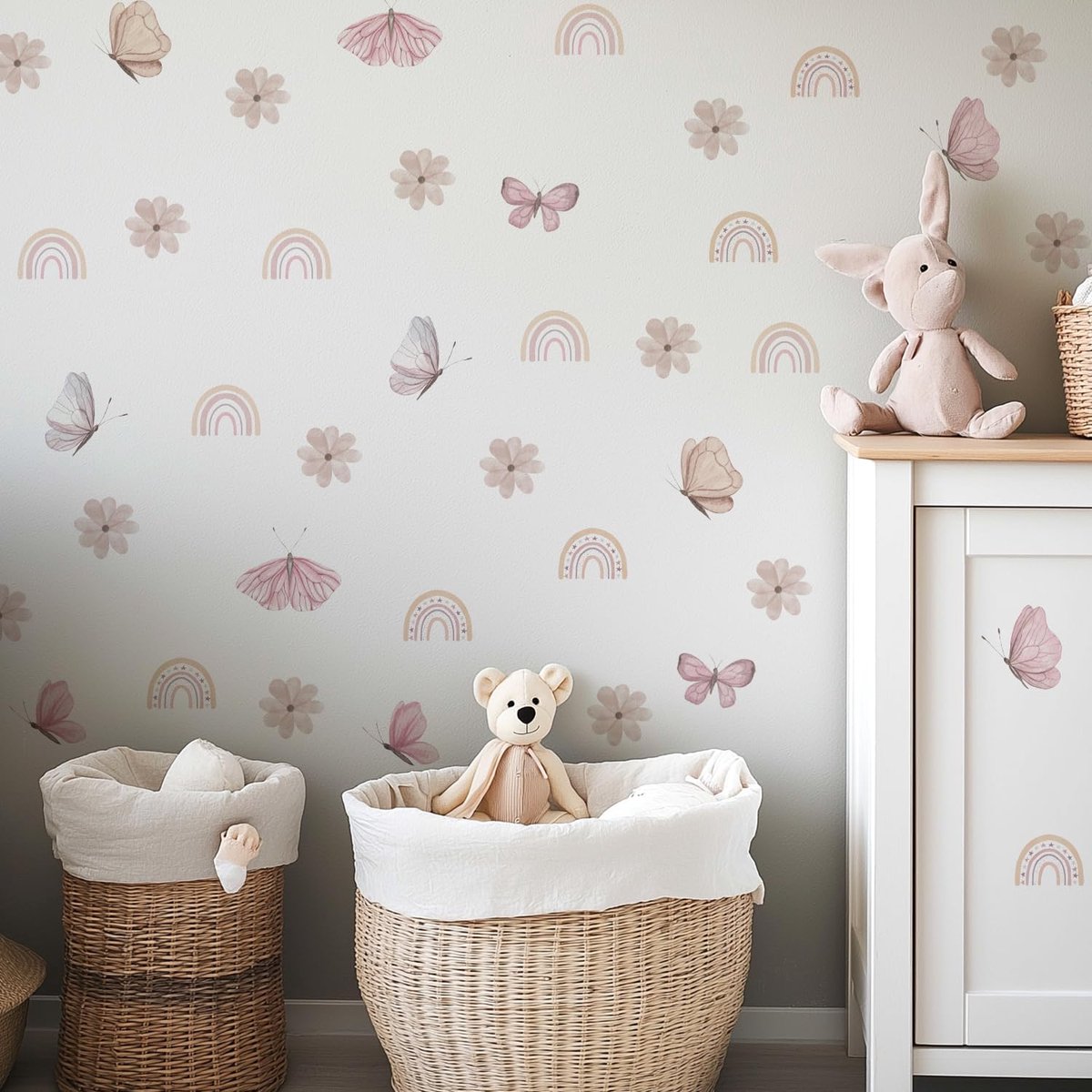 Boho aquarel roze madeliefjes kinderen muurstickers, vlinders en