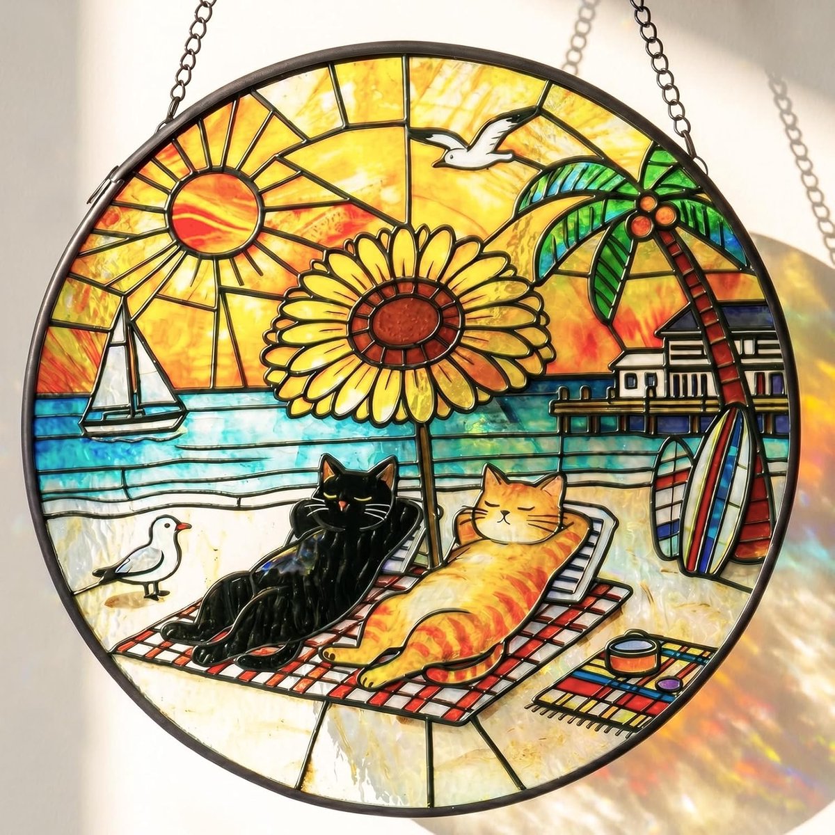 Zonnevanger, 2 katten, gekleurd glas, raamdecoratie, hangende decoratie met ketting en haken, voor binnen of buiten, creatief cadeau voor kattenliefhebbers, 20 x 20 cm