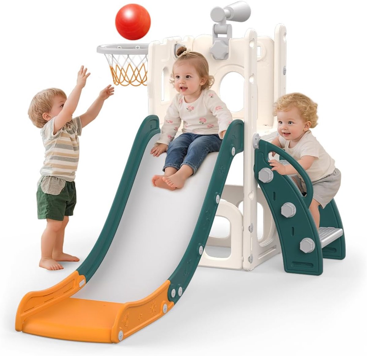 5-in-1 glijbaan voor kinderen, 5-in-1 glijbaan voor binnen en buiten, speelplaats voor kinderen met basketbalmand, opbergruimte en telescoop, speelplaats voor kinderen vanaf 1 jaar, groen