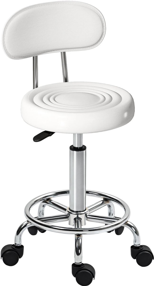 Atlasyx bureaustoel - Make up stoel - Kapperskruk - Kruk op wielen - Rolkruk - Met rugleuning - 360° draaibaar - 70-86 cm - Wit